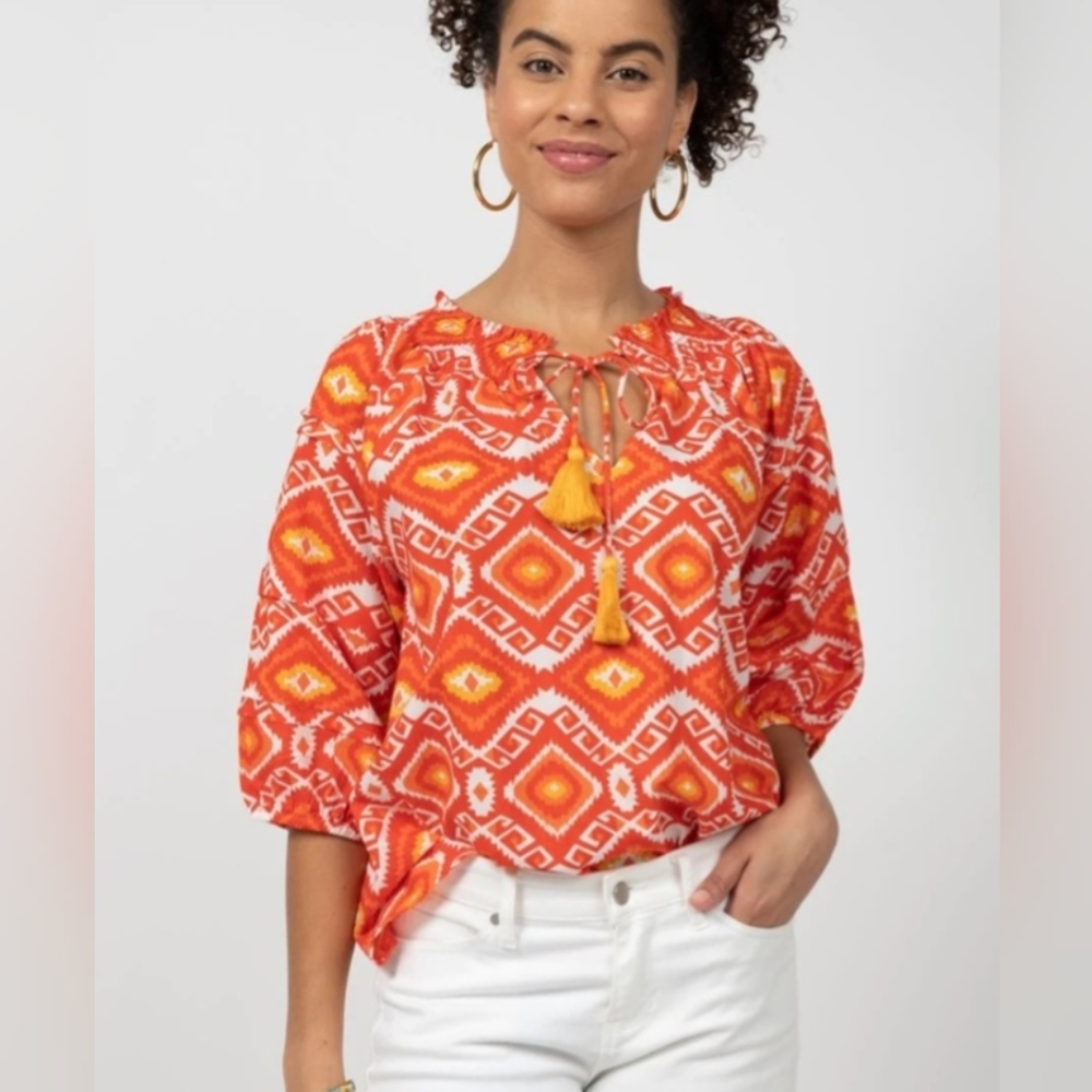 NEW IVY JANE BOHO PALM PRINT SMOCKED & TASSEL TOP